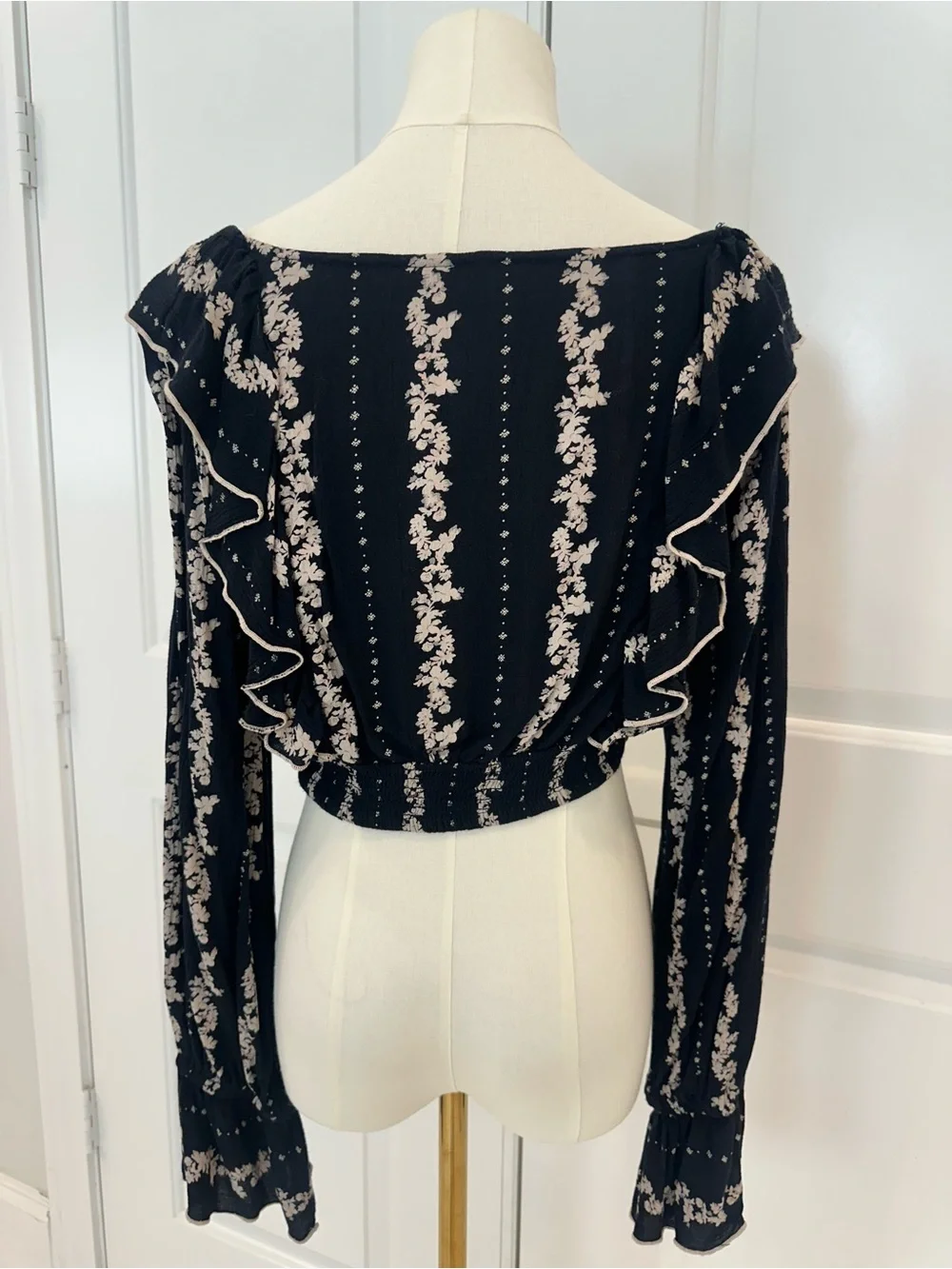 Free People Lolita Navy and Cream Patterned Detail Cropped Boho Style -Top Only